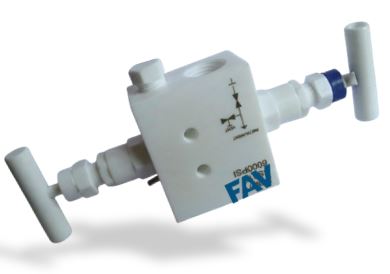 PTFE 2 Way Manifold Valve, R Type, Block and Bleed PTFE 2 Way Manifold Valve