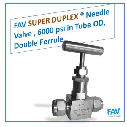 FAV SUPER DUPLEX Needle Valve , 6000 psi in Tube OD, Double Ferrule Super Duplex Tube Needle Valve
